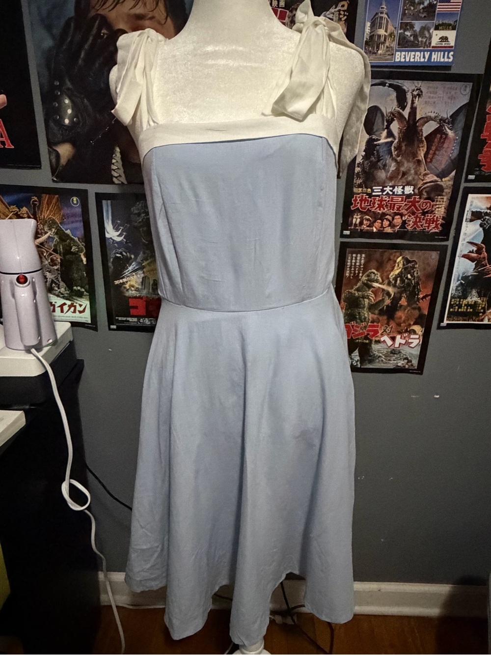 Tie-Shoulder Light Blue Midi Dress with Cream Accents